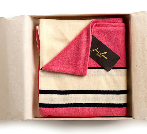 Gift Set - pink & navy cashmere & cotton Blanket & Hat set