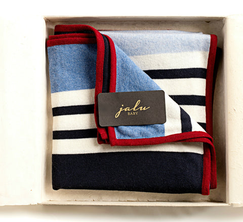 Gift Set - blue & navy cashmere & cotton Blanket & Hat set