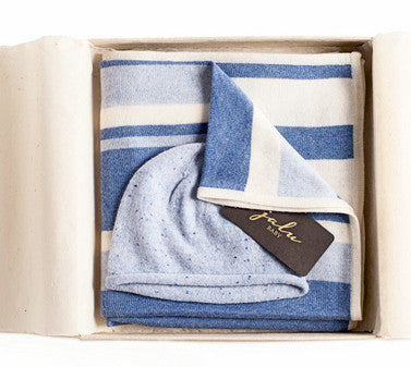 Gift Set - blue & cream cashmere & cotton Blanket & Hat set